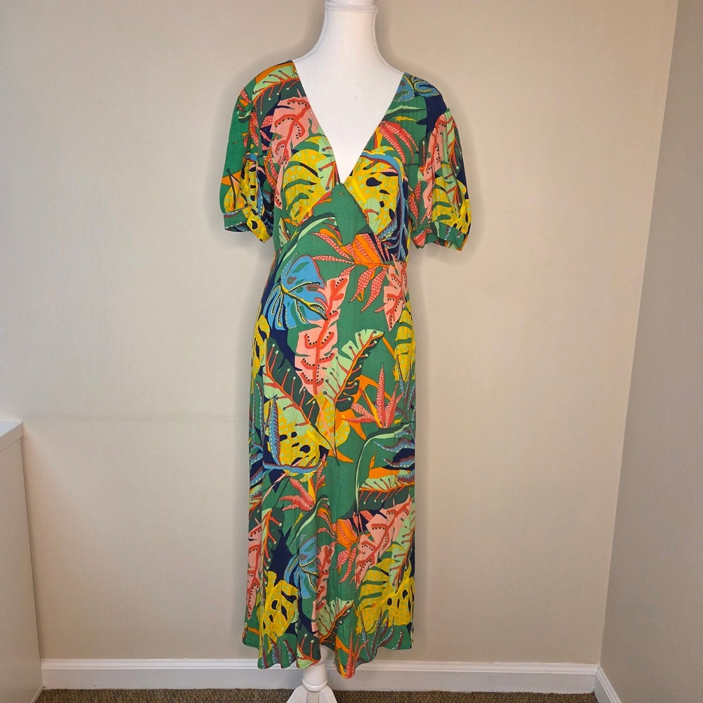OLIVACEOUS Tropical Floral Midi Dress Women's Size S V Neck Short Sleeve
